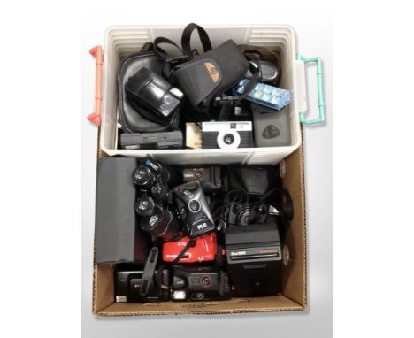 A box of vintage cameras including Olympus, Agfa, pair of Ranger 12 x 50 binoculars etc