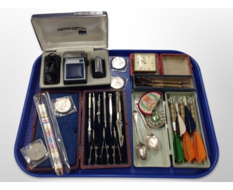 A group of vintage darts, travel timepiece, precision drawing set, Crowns, Remington shaver etc 