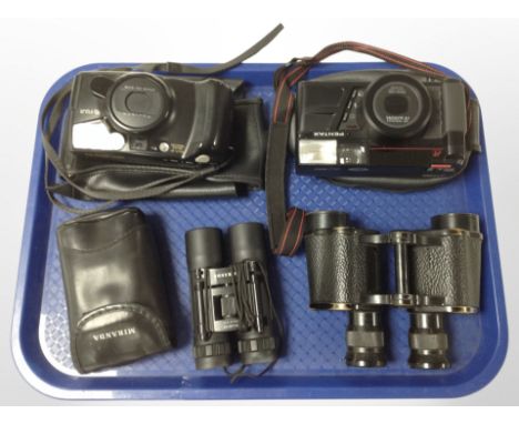 Two vintage cameras by Pentax and Fuji together with a pair of Miranda 10 x 25 binoculars and a pair of MK II military binocu