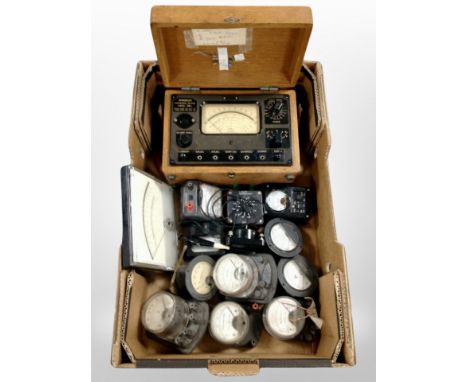 Scientific instruments to include milliamperes gauges, volt gauge, Windsor universal meter model 88A in oak box, etc.