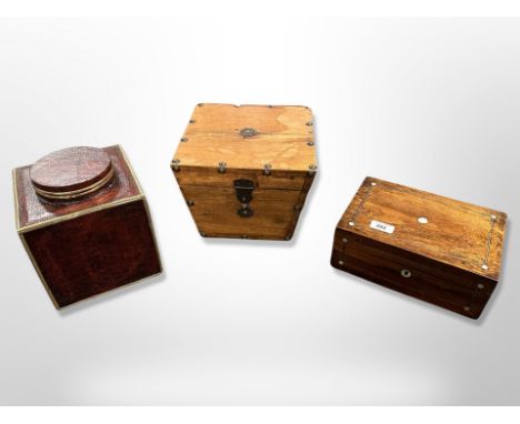 A Victorian rosewood and mother of pearl inlaid jewellery box together with a contemporary studded box and a reproduction tea