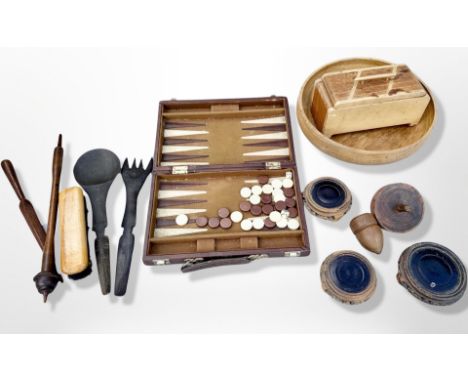 A bagatelle set together with various treen including turned wooden fruit bowl, Chinese carved wooden vase stands etc 