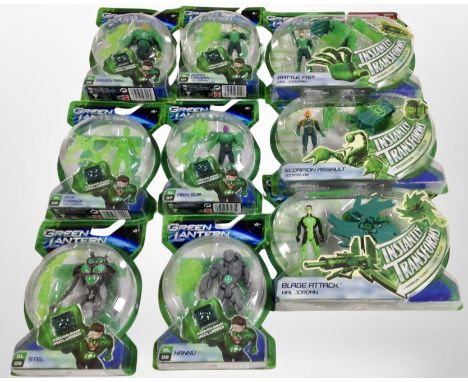 Nine Mattel Green Lantern figurines, boxed.