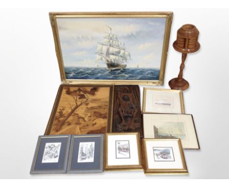 A large contemporary oil on canvas depicting a ship in gilt frame, further pictures and prints, parquetry panel, carving of D