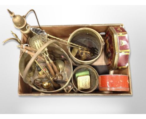 A box of Victorian brass coal buckets and other metal wares, Eastern brass teapot, vintage tins etc 
