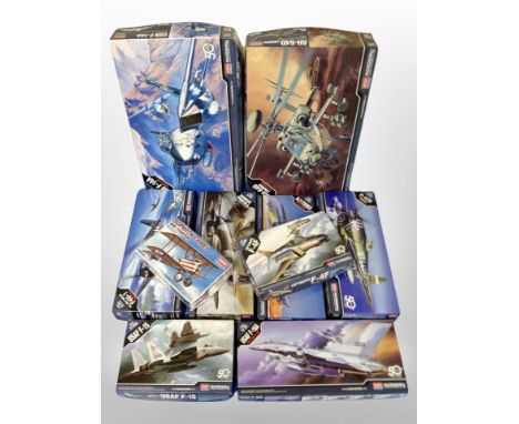 Ten Academy Hobby model kits, all aircraft.
