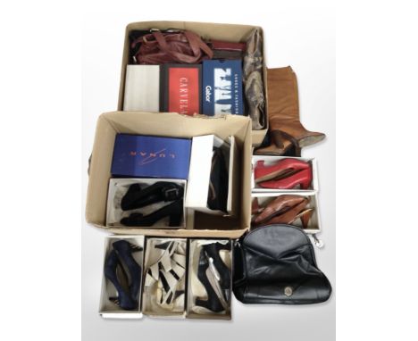 Two boxes of assorted lady's shoes including Firetrap, Lunar etc and a quantity of vintage handbags Calvin Klein etc 