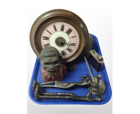 An antique wall clock with weights and pendulum together with cast iron money box, two cast metal figures of musicians and a 