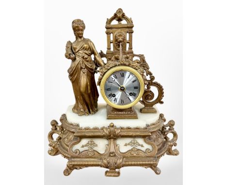 A 19th century French alabaster and gilt metal figural eight day mantel clock, striking on a bell, with pendulum and key, hei