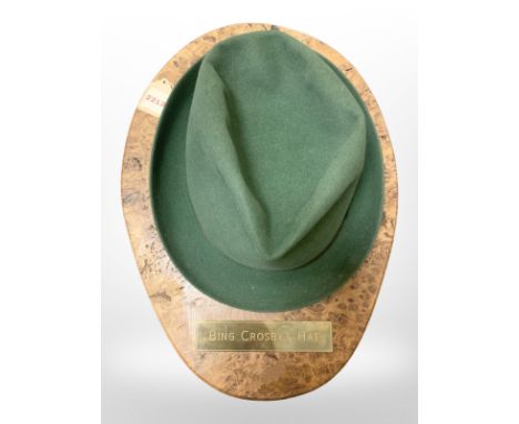 Bing Crosby (1903 - 1977) : A Cavanagh green trilby hat, size 7 3/8, owned and worn by the entertainer, on a burr walnut wall