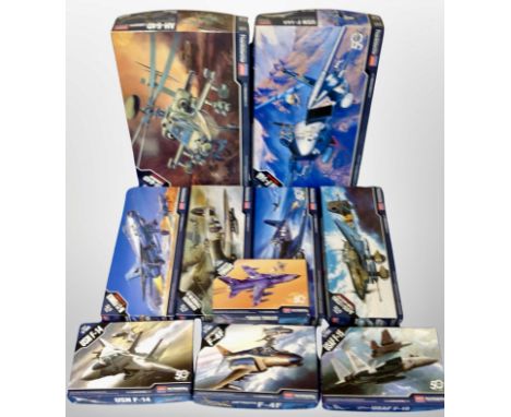 Ten Academy Hobby model kits, all aircraft.