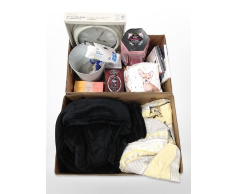 Two boxes of homewares, wall clock, fragrances, jewellery stand, dressing gown etc 