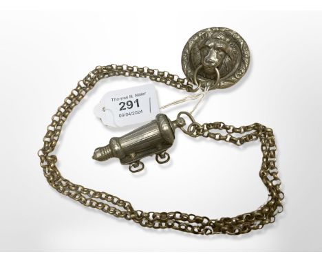 An Army Officer’s pouch belt whistle and chain, a good set with Hobson and Sons tablet to reverse, the circular boss with rai