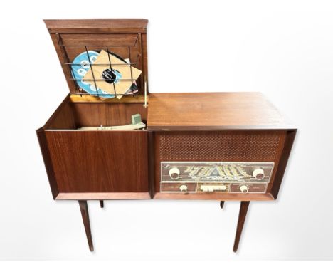 A vintage Danish teak cased record player containing a Philips turn table, 90 cm x 37 cm x 71 cm 