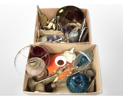 Two boxes of oil lamp base, brass companion set, glass ware, pewter teapot and metal wares 