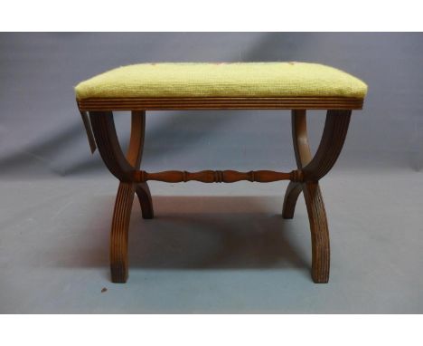 An early 20th century mahogany X-frame stool with tapestry upholstered seat. H-45 W-53 D-37cm 