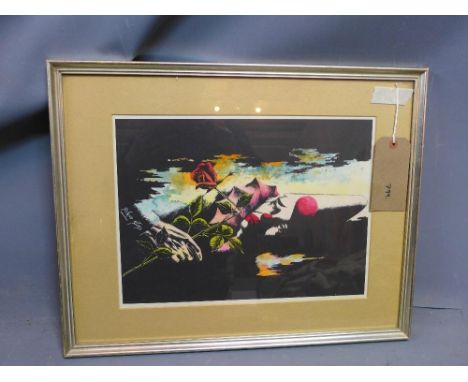 Rolan Atlan, a semi abstract lithograph depicting a sad clown with a rose. 30x40cm 