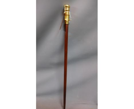 A hardwood walking stick with polished brass top having a telescope, H. 97cm 