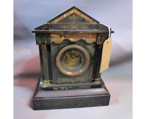 A late 19th century slate mantle clock, the architectural case with marble detailing, the visible Brocot escapement flanked b