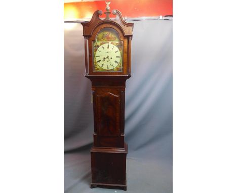 An early 19th century mahogany longcase clock, with eight day movement, the arched dial painted with figures, roman numerals 