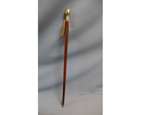 A walking stick with hardwood shaft and polished brass top revealing a a compass and a test tube with stopper, H. 89cm 