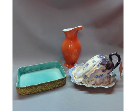 A Victorian ceramic cheese dish together with a Sylvac vase and a Beswick dish 