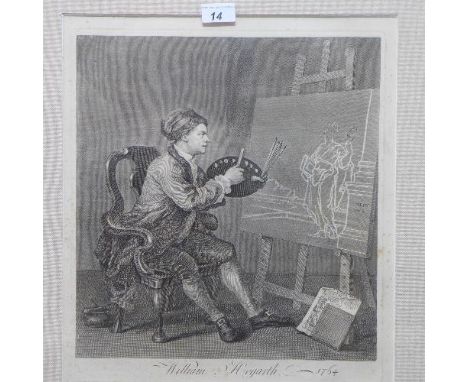 An original Hogarth engraving self portrait of the artist at his easel with restored framing. 