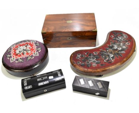 A Victorian brass bound walnut writing slope, lacking interior, length 40cm, and a Victorian mother of pearl inlaid domed top