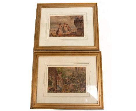 UNATTRIBUTED; a pair of watercolours, depicting children playing in a harbour scene, and children foraging in woodland landsc