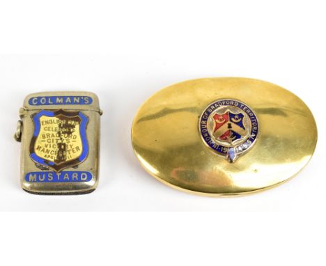 BRADFORD CITY; an advertising Colman's Mustard vesta case with central enamel shield commemorating Bradford City's victory in
