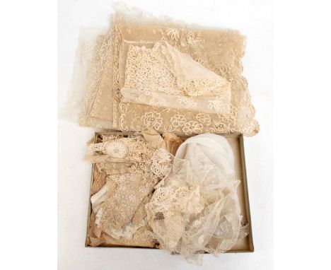 A selection of vintage lace and fragments including a floral lace rectangular shawl, length 186cm, two further slimmer rectan