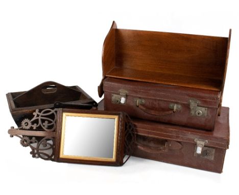 A metal bound two division cutlery basket with swing handle, length 37cm, together with a mahogany book trough, a rosewood fr