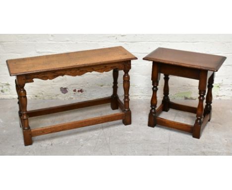 A 17th century style oak joint stool, with rectangular top on turned and block legs, height 45cm, width 45cm, depth 28cm, wit