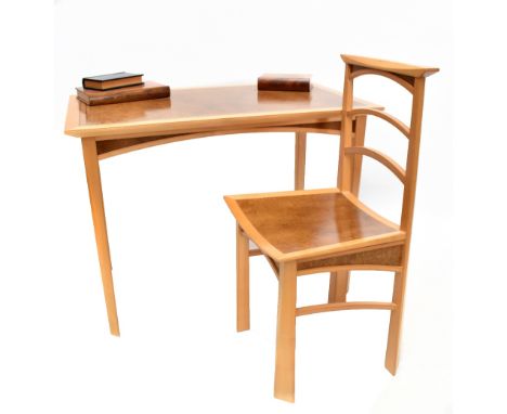 ANDREW VARAH (1945-2012); a unique maple and myrtle burr wood lady’s writing desk and chair, c.1998, the desk with an inlaid 