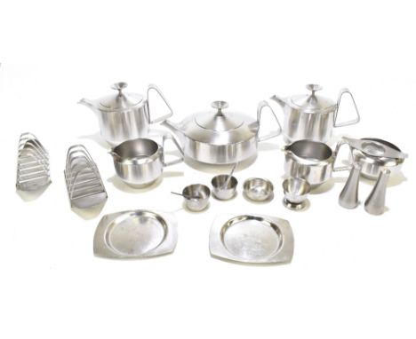 ROBERT WELCH; an Old Hall stainless steel nine piece part breakfast set comprising teapot, two hot water pots, two milk jugs,