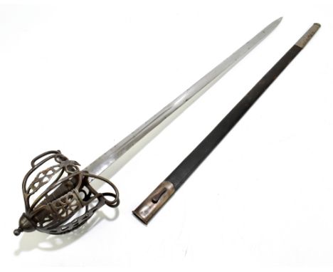 A 19th century or earlier Scottish basket hilt sword with fullered blade, blade length 75cm, to wirework cloth wrapped grip a