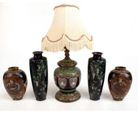 A pair of Japanese cloisonne vases of ovoid form decorated with stylised mythical birds, height 15cm, and a cloisonne lamp de