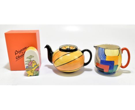 GRAY'S POTTERY; an Art Deco hand painted jug of bulbous form, decorated in a block pattern, height 13cm, together with a Lorn