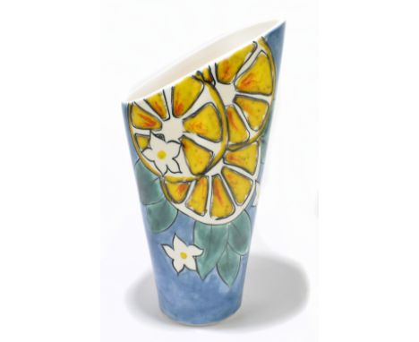 NICKY MASSARELLA FOR POOLE POTTERY; a cylindrical vase with tapered neck, decorated in the 'Blue Citrus' pattern, with signat