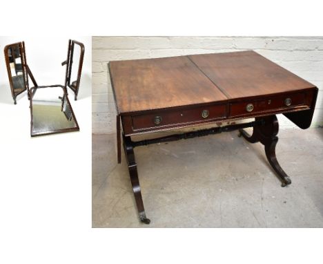 A 19th century mahogany two drawer sofa table raised on lyre supports, length 101cm, height 72cm, together with a mahogany tr