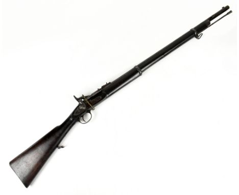 A 19th century Snider-Enfield .577 breech loaded rifle fitted with a 30" barrel and steel furniture, bearing various broad ar