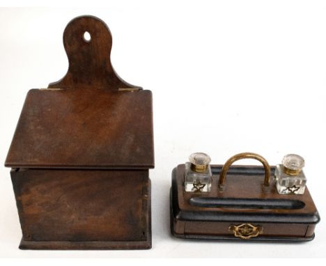 An early 19th century mahogany salt box, height 36cm, and an early 20th century walnut desk stand, with detachable glass inkw