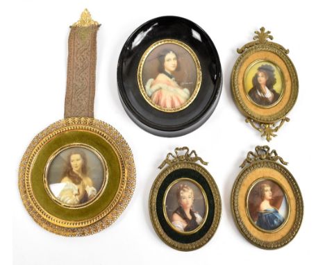 Five mid-20th&nbsp;century gouache portrait miniatures each of a maiden in period costume, including a circular example of a 