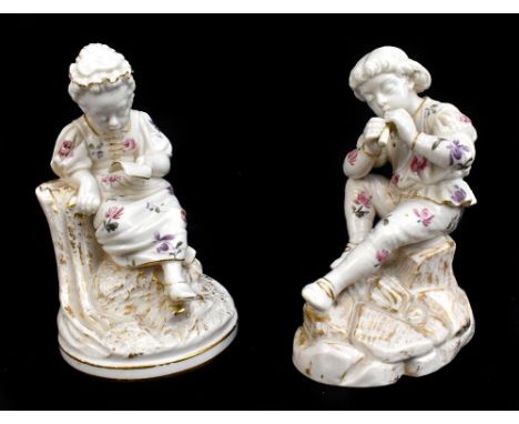 ROYAL WORCESTER; two figures in 18th century style, one of a boy playing a pipe and seated on a rocky outcropping, the other 