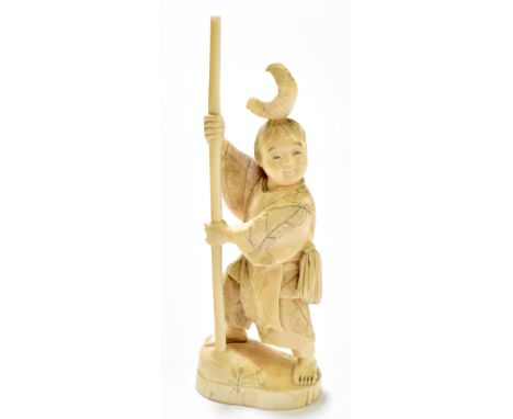 A late 19th century Japanese carved ivory okimono of boy on a shaped oval base, height 19.5cm (af). Additional InformationThe