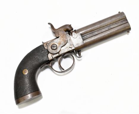 FOTHERBY; a 19th century double barrel percussion cap pistol with revolving over/under barrel, maker's name to one side of th