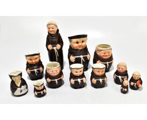 GOEBEL; a collection of ceramics in the form of monks, to include jugs, a decanter, also a jug modelled as Mrs Gamp, etc (12)