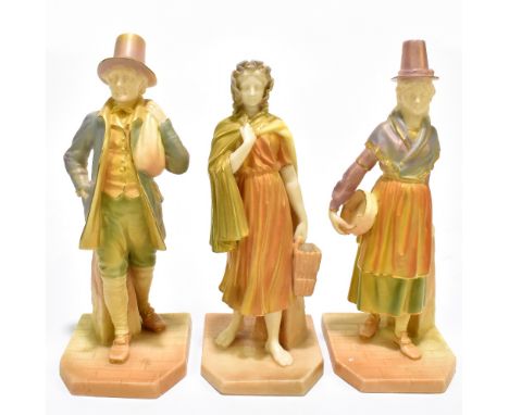 ROYAL WORCESTER; three figures emblematic of countries decorated in shot enamels and modelled by James Hadley comprising 'Iri