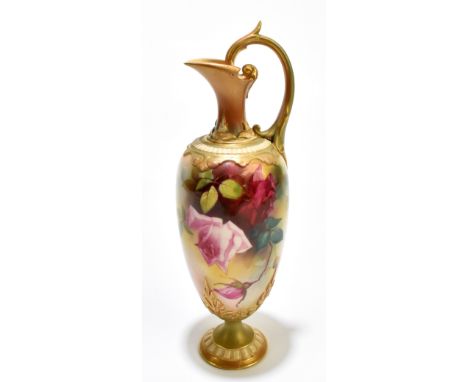 ROYAL WORCESTER; a blush ivory ewer painted with roses by J. Austin, signed, circa 1908, shape number H274 (restored), height