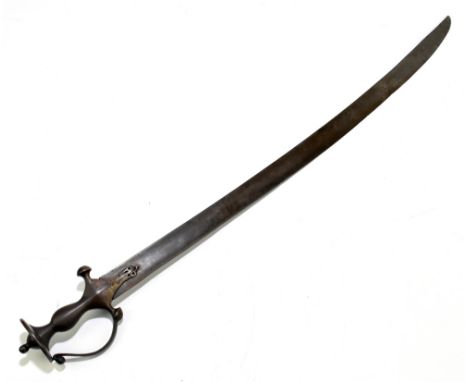 A 19th century or earlier Indian tulwar, blade length 79cm, to typical shaped hilt (lacking scabbard).Provenance: The Captain